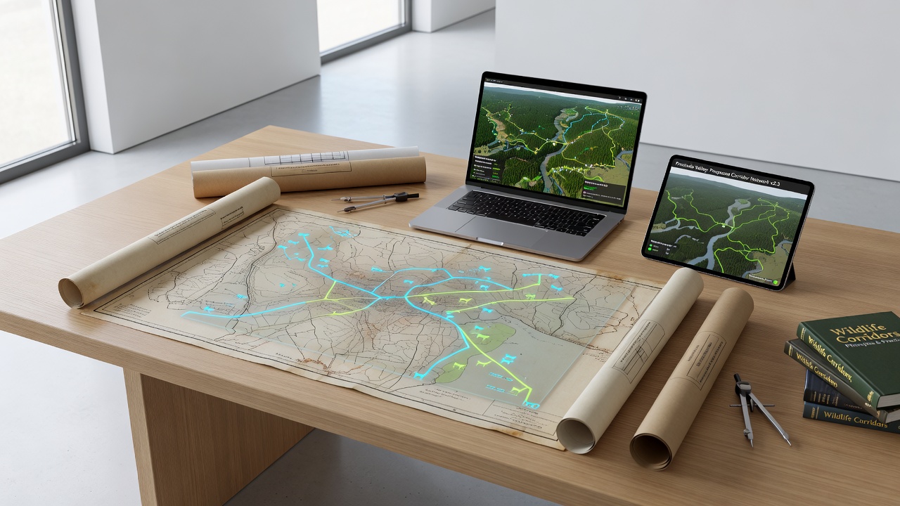 Wildlife corridor planning meeting in Frostvale Valley with maps and digital overlays displayed on conference tables