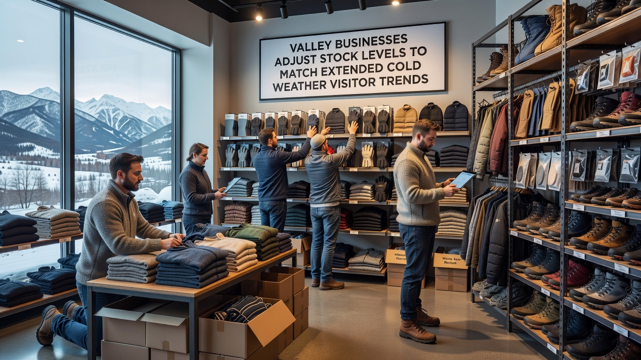 Store owners in Frostvale Valley reviewing inventory reports tied to visitor trends during cold weather periods